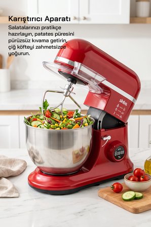 SMX-2773 / KIRMIZI / Dijital Ekranlı Zaman Ayarlı Stand Mikser / 7.5 Litre / 1500W