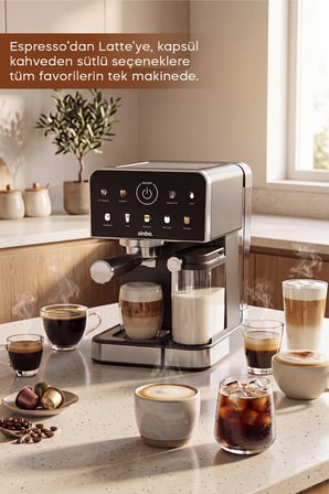 SCM-3036 Pro 20 Bar Espresso Makinesi, 7 Kahve, Süt Hazneli, Kapsül Uyumlu