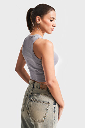 Kadın Antrasit Renk s5-12 Halter Yaka Esnek Kaşkorse Kumaş Crop Top Body