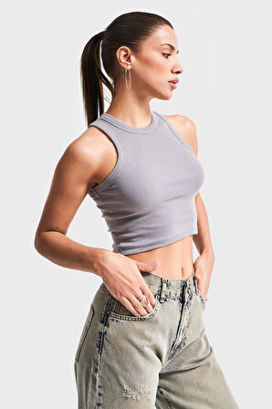 Kadın Antrasit Renk s5-12 Halter Yaka Esnek Kaşkorse Kumaş Crop Top Body