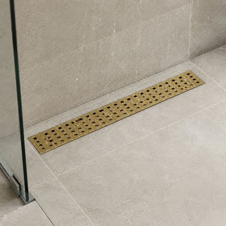 40 cm Altın Lineer 304 Paslanmaz Çelik Kaplamalı Duş Kanalı Izgara Yer Süzgeci Kare Delikli Koku Önleyici