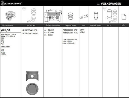 Vag Piston+segman (76,51mm Std) Cordoba İbiza II / III Felicia I / II Octavıa Golf III Polo Vento 1,6 Ae - Kingpiston 18-7010540