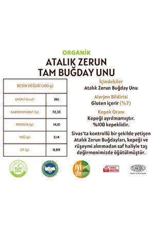 Organik Atalık Zerun Tam Buğday Unu - 20 Kilo