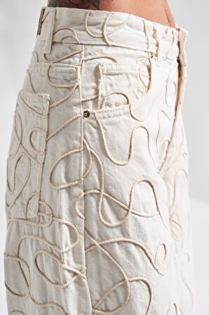 Kadın Ekru Renk 7s5-101 Özel Kumaş %100 Koton Palazzo Fit Tasarım Denim Jean