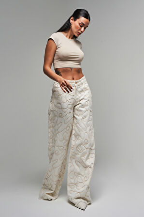 Kadın Ekru Renk 7s5-101 Özel Kumaş %100 Koton Palazzo Fit Tasarım Denim Jean