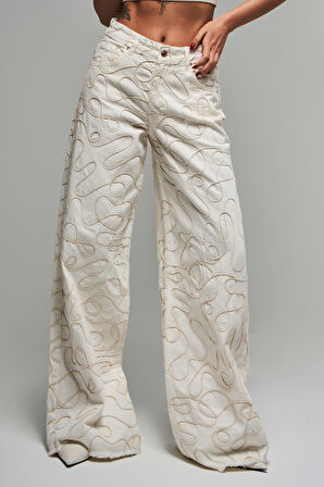 Kadın Ekru Renk 7s5-101 Özel Kumaş %100 Koton Palazzo Fit Tasarım Denim Jean