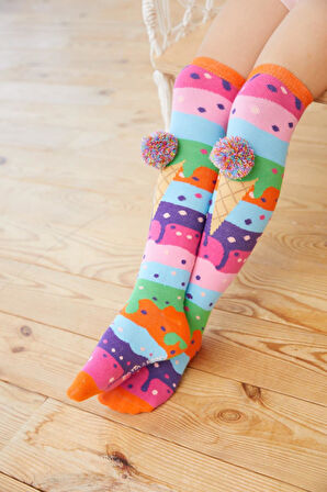 Kız Çocuk Dondurma Desenli Dizaltı Çorap
