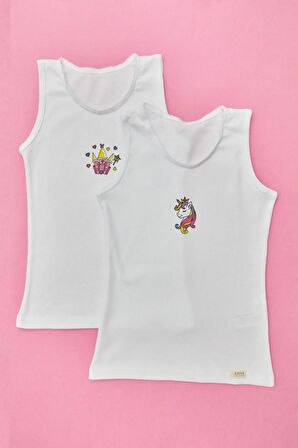 2 li Paket Unicorn Kız Çocuk Atlet Beyaz/Beyaz