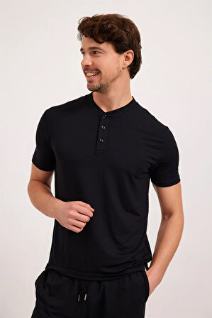 Erkek  Silver Düğmeli Pijama Üst Siyah