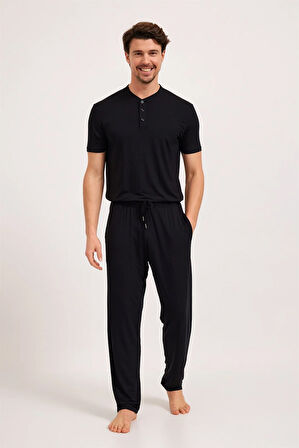 Erkek  Silver Düğmeli Pijama Üst Siyah