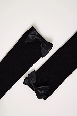 Saten Fiyonk Detaylı  Dizaltı Çocuk Basic Çorap Siyah