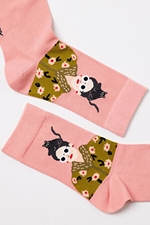 Kız Figürlü Kadın Soket Çorap Pembe