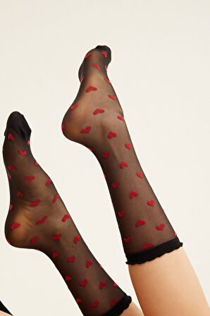 Kadın Kalpli İnce Soket Çorap Siyah