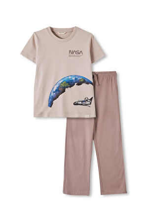 Erkek Çocuk Bej Renkli Nasa Baskılı Pijama Takımı