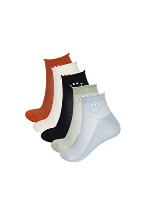 Kadın 5'li Gülen Surat Baskılı Step Çorap