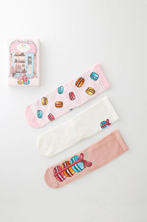 Kadın 3'lü Makaron Desenli Kutulu Soket Çorap