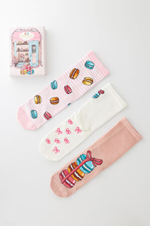 Kadın 3'lü Makaron Desenli Kutulu Soket Çorap