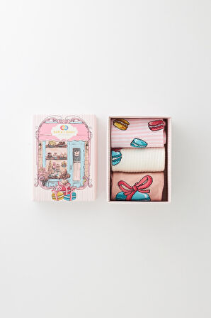 Kadın 3'lü Makaron Desenli Kutulu Soket Çorap