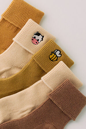 Bebek Hayvan Nakış Detaylı 5'li Kutulu Soket Çorap
