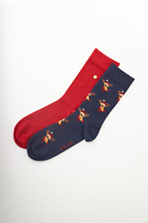 Erkek Geyik Desenli Yılbaşı Temalı 2'li Soket Çorap