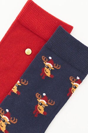 Erkek Geyik Desenli Yılbaşı Temalı 2'li Soket Çorap