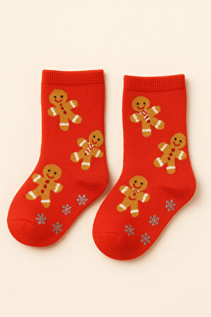 Çocuk Ginger BreadMan Desenli Yılbaşı Soket Çorap Turuncu