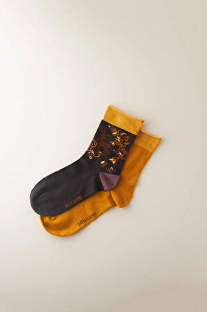 Kadın Desenli Simli 2 li Paket Soket Çorap Antrasit Hardal 