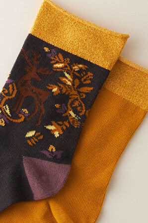 Kadın Desenli Simli 2 li Paket Soket Çorap Antrasit Hardal 