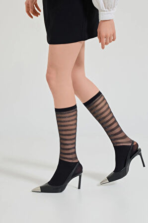Kadın Simli Şerit Desenli İnce Dizaltı Çorap Siyah