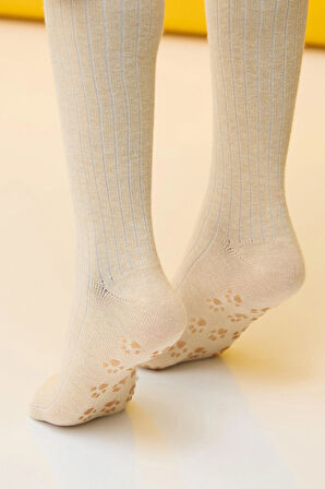 Kız Çocuk Ayıcık Detaylı Dizaltı Çorap  Bej Melanj