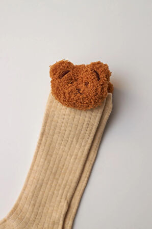 Kız Çocuk Ayıcık Detaylı Dizaltı Çorap  Bej Melanj