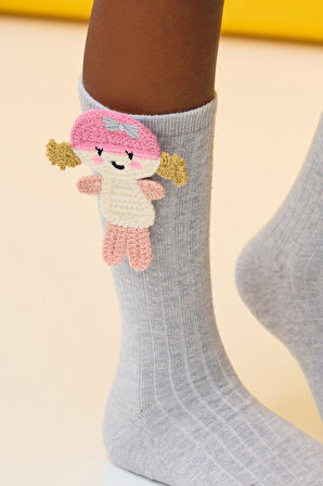 Kız Çocuk Kız Figürlü Dizaltı Çorap Gri-Melanj