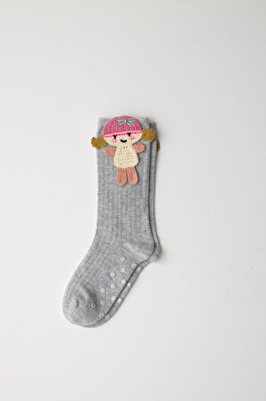 Kız Çocuk Kız Figürlü Dizaltı Çorap Gri-Melanj