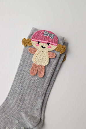 Kız Çocuk Kız Figürlü Dizaltı Çorap Gri-Melanj