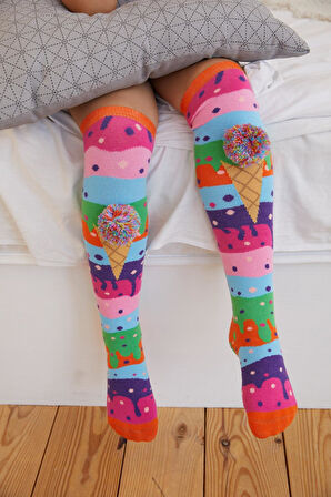 Kız Çocuk Dondurma Desenli Dizaltı Çorap