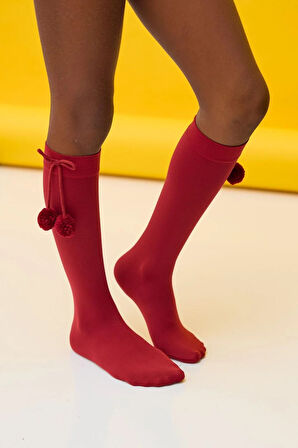 Kız Çocuk Aksesuarlı Dizaltı Çorap Bordo