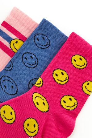 Kız Çocuk Renkli Gülen Surat Detaylı 3'lü Soket Çorap Fuşya-Mavi-Pembe