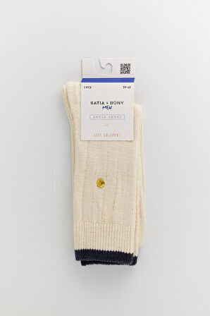 Erkek Zımbalı Ekose Soket Çorap Ekru-Lacivert