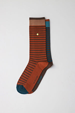 Erkek Zımbalı Çizgili Soket Çorap Lacivert-Kahverengi