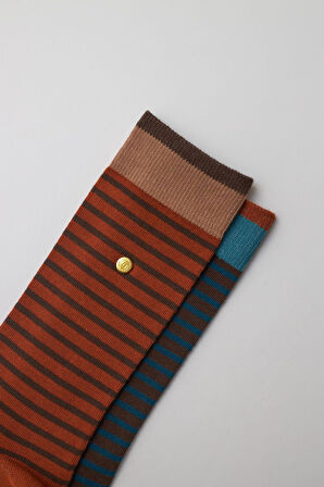 Erkek Zımbalı Çizgili Soket Çorap Lacivert-Kahverengi