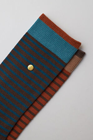 Erkek Zımbalı Çizgili Soket Çorap Lacivert-Kahverengi