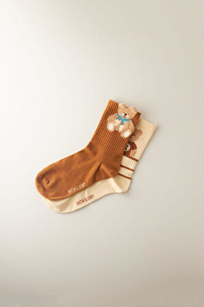 Kadın Teddy Bear Desenli 2'li Soket Çorap Ekru- Kahverengi