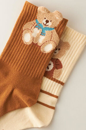 Kadın Teddy Bear Desenli 2'li Soket Çorap Ekru- Kahverengi