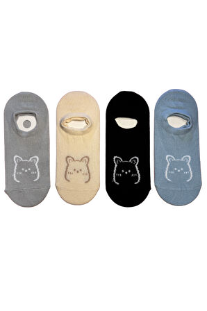 Unisex Ayıcık Desenli 4'lü Paket Görünmez Babet Çorap