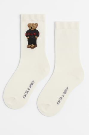 Kadın Teddy Desenli Yün Soket Çorap Ekru