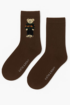 Kadın Teddy Desenli Yün Soket Çorap Koyu Kahve