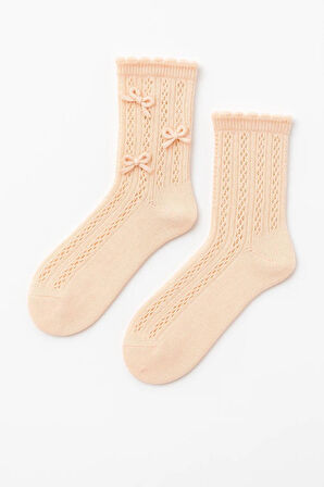 Kadın Örgü Fiyonklu Triko Çorap Ekru