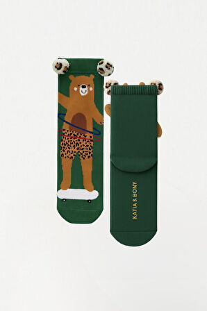 Çocuk Ayıcık Desenli Pon Pon Aksesuarlı Soket Çorap Koyu Yeşil 