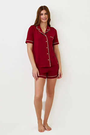 Kadın Luxury Düğmeli Şortlu Pijama Takımı Bordo