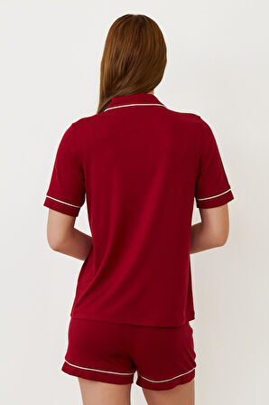 Kadın Luxury Düğmeli Şortlu Pijama Takımı Bordo